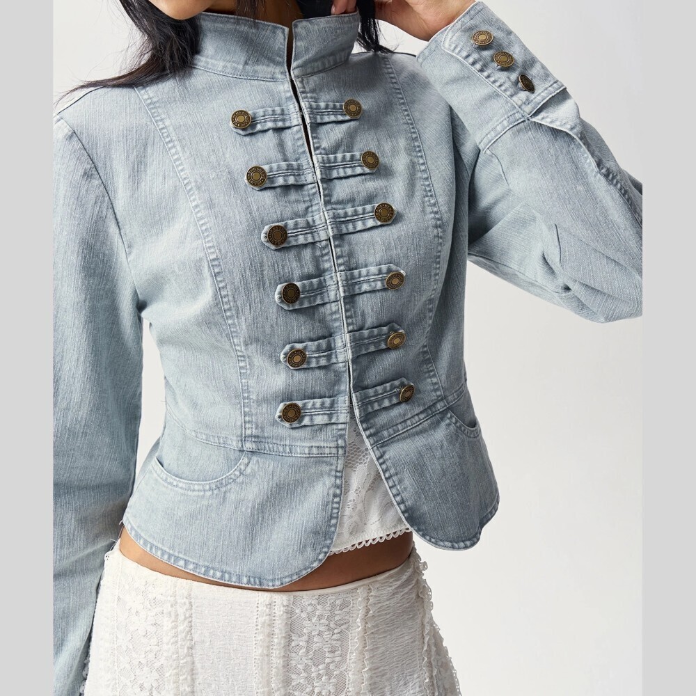 Light Blue Denim Military Band Zip Jacket with Faux Brass Button Trim